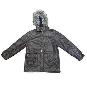 Rocawear Men’s 2XL Dark Brown Suede Coat Faux Fur Hood Full Zip Snap Y2K Streetw